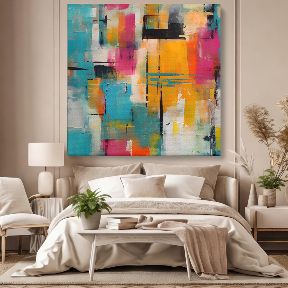 Tablou canvas cu pictura abstracta cu pete de culoare, fara rama, pe sasiu de lemn, pe perete intr-un dormitor